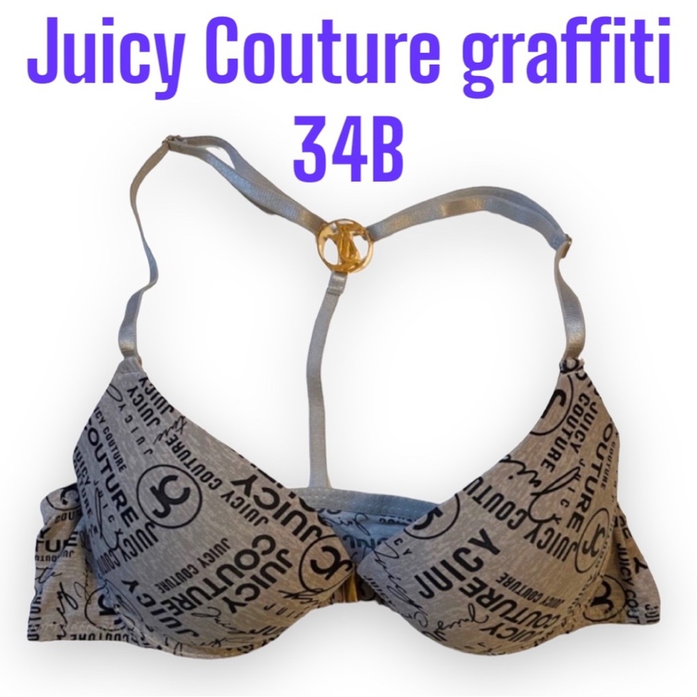 2/$40 34B Juicy Couture Grey Padded Bra with Front Closure Metal T-back Racer